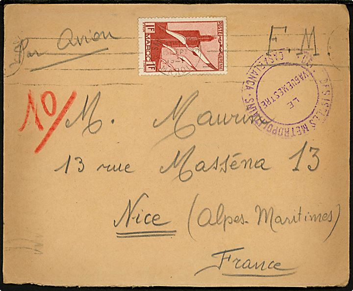 Fransk luftpost feltpostbrev mærket F.M. med Marokko 1 fr. Luftpost stemplet Casablanca d. 15.9.1941 til Nice, Frankrig. Svagt tjenestestempel fra Casablanca. Fuldt indhold