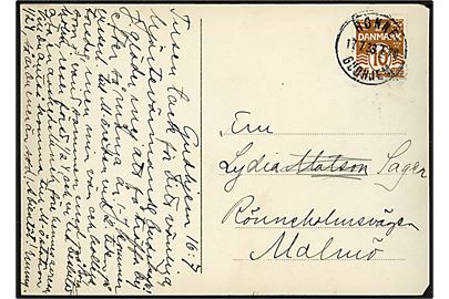 10 øre Bølgelinie på brevkort fra Gudhjem annulleret med bureaustempel Rønne - Gudhjem T.70 d. 17.7.1933 til Malmö, Sverige.