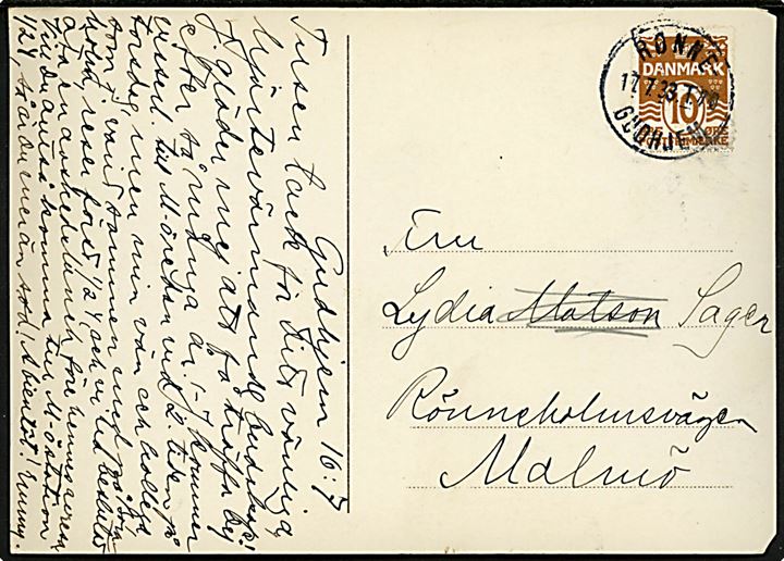 10 øre Bølgelinie på brevkort fra Gudhjem annulleret med bureaustempel Rønne - Gudhjem T.70 d. 17.7.1933 til Malmö, Sverige.