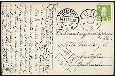 15 øre Chr. X på brevkort annulleret med udslebet stjernestempel TURØ og sidestemplet Svendborg d. 14.6.1943 til Gentofte. 