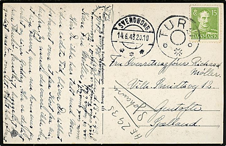 15 øre Chr. X på brevkort annulleret med udslebet stjernestempel TURØ og sidestemplet Svendborg d. 14.6.1943 til Gentofte. 