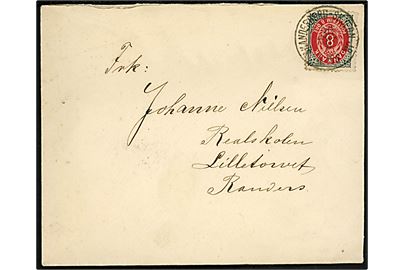 8 øre Tofarvet på brev annulleret med lapidar bureaustempel Skanderborg - Skjern JB. d. 30.9.1895 til Randers.