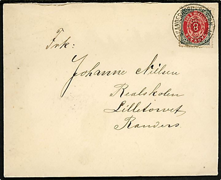 8 øre Tofarvet på brev annulleret med lapidar bureaustempel Skanderborg - Skjern JB. d. 30.9.1895 til Randers.