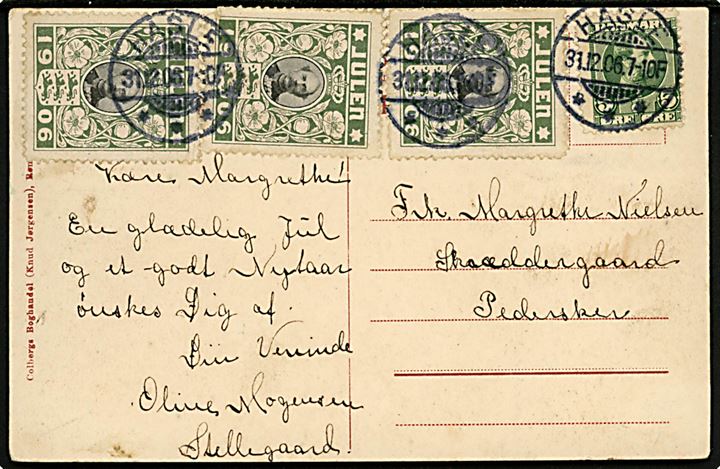 5 øre Chr. IX og Julemærke 1906 (3) på brevkort (Rønne, Løjtnant Ankers Villa) fra Hasle d. 31.12.1906 til Pedersker.