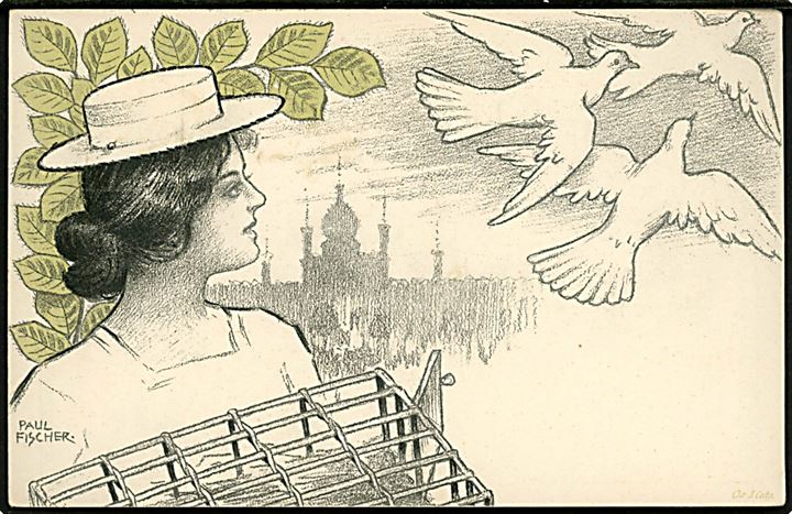 5 øre Våben illustreret helsagsbrevkort (Paul Fischer: Kvinde med duer) annulleret med særstempel Velgjørenhedsfesten i Tivoli Store Bededagsaften d. 7.5.1903. 