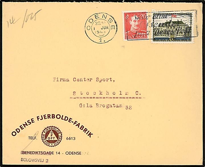 20 øre Chr. X og Amalienborg mærkat på brev fra Odense d. 1.6.1943 til Stockholm, Sverige. Åbnet af dansk censur.