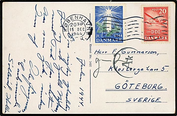 20 øre DDL og Julemærke 1944 på brevkort fra Odense d. 15.12.1944 til Göteborg, Sverige. Passér stemplet Ak ved censuren i København.