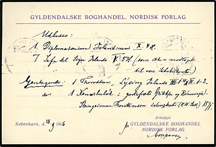 12 øre Bølgelinie med perfin G.B. på brevkort fra Gyldendalske Boghandel i København d. 28.9.1926 til Reykjavik, Island.