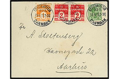 1 øre, 2 øre (par) Bølgelinie og 5 øre Chr. X på brev annulleret med brotype IIIb Krigsfangelejr No. 1 Danmark (= Lazaretlejren i Horserød) d. 15.4.1918 til Aarhus.