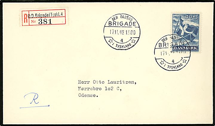 40+5 øre Frihedsfonden single på filatelistisk anbefalet brev annulleret Den danske Brigade / 4 / * i Tyskland * d. 17.11.1948 til Odense. Påsat blanco-rec.-etiket stemplet D.D.Brigade i Tyskl. 4 (= forlægning i Oldenburg).