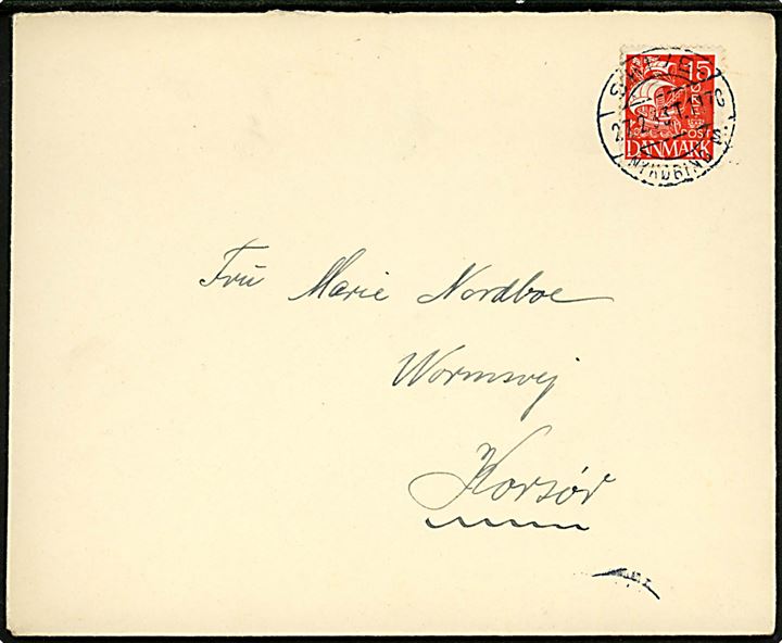 15 øre Karavel på brev fra Nykøbing M. annulleret med bureaustempel Skive - Nykøbing M. T. 1170 d. 27.2.1933 til Korsør.