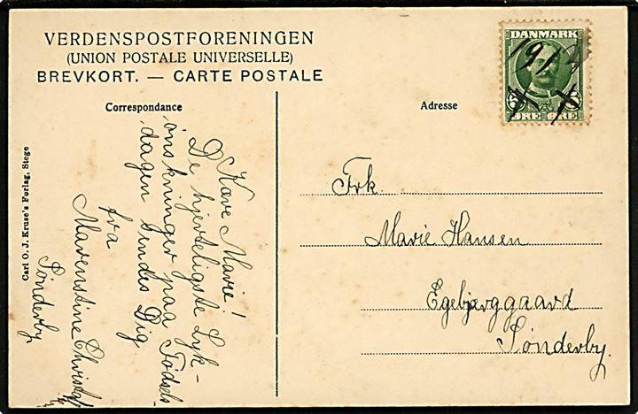 5 øre Fr. VIII på brevkort (Møens Klint, Stejlebjerg) annulleret med blæk 19/3 X X sendt lokalt i Sønderby pr. Borre på Møn.