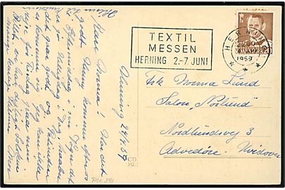 20 øre Fr. IX på brevkort annulleret med TMS Textil Messen Herning 2.-7. Juni / Herning d. 24.4.1959 til Hvidovre. 