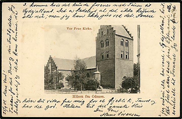 5 øre Våben helsagsafklip anvendt som frankering på brevkort (Hilsen fra Odense, Vor Frue Kirke) fra Odense d. 25.9.1901 til København.