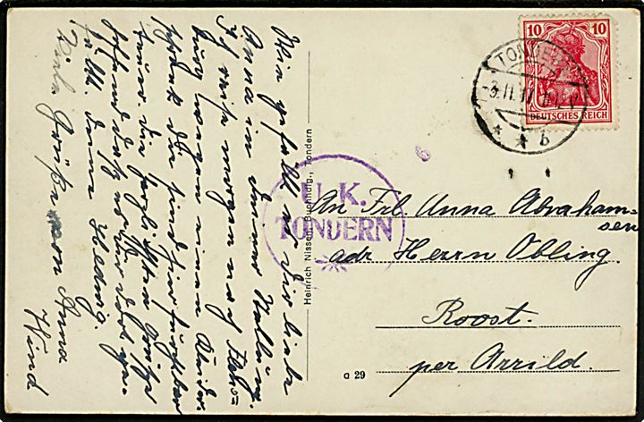 10 pfg. Germania på brevkort (Königl. Lehrerseminar) fra Tondern **b d. 3.11.1917 til Arrild. Violet censurstempel: U.-K. Tondern.