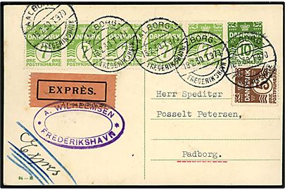 10 øre helsagsbrevkort (fabr. 94-H) opfrankeret med 5 øre og 7 øre (5-stribe) Bølgelinie sendt som ekspres fra Frederikshavn annulleret med bureaustempel Aalborg - Frederikshavn T.970 d. 18.2.1930 til Padborg.