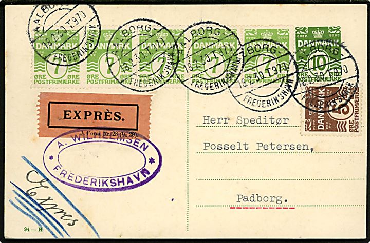 10 øre helsagsbrevkort (fabr. 94-H) opfrankeret med 5 øre og 7 øre (5-stribe) Bølgelinie sendt som ekspres fra Frederikshavn annulleret med bureaustempel Aalborg - Frederikshavn T.970 d. 18.2.1930 til Padborg.