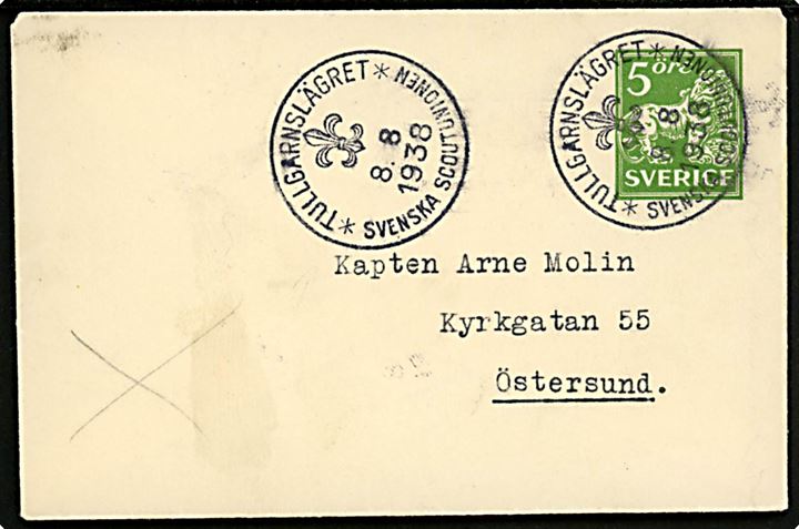5 öre helsags tryksagskuvert annulleret med spejder stempel Tullgarnslägret * Svenska Scoutunionen * d. 8.8.1938 til Östersund.