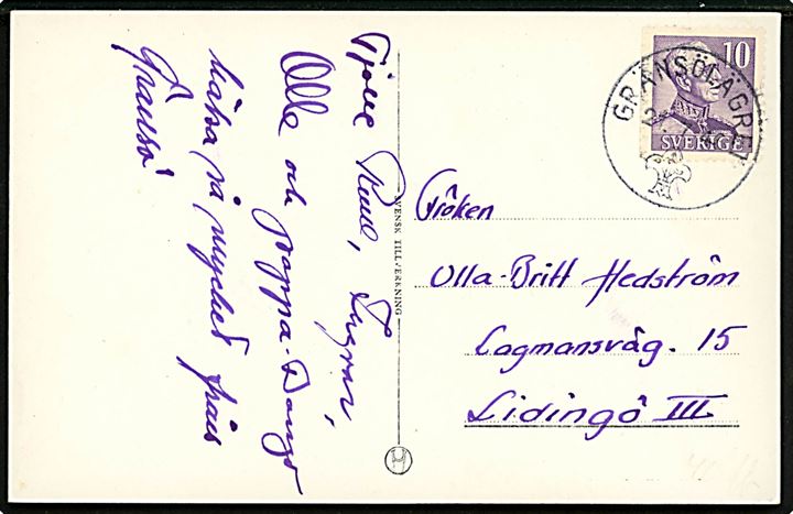 10 öre Gustaf på brevkort (Taler på spejderlejr) annulleret med særligt spejderstempel Gränsjölägret d. 21.7.1946 til Lidingö.