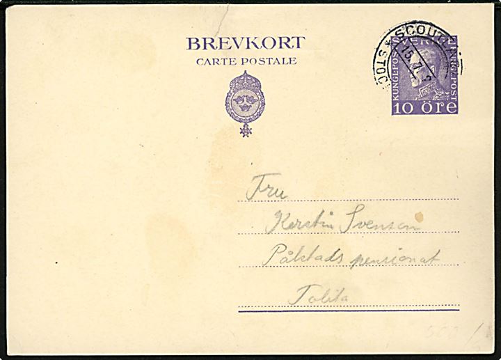 10 öre Gustaf helsagsbrevkort dateret Beatelund og annulleret med særligt spejder stempel Scoutlägret Stockholm d. 15.7.1927 til Tolita. Lille lukket rift.