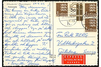 50 øre Danmarks Industri og 1 kr. Rigsvåben (3) på ekspres brevkort fra København d. 27.9.1969 til Göteborg, Sverige.