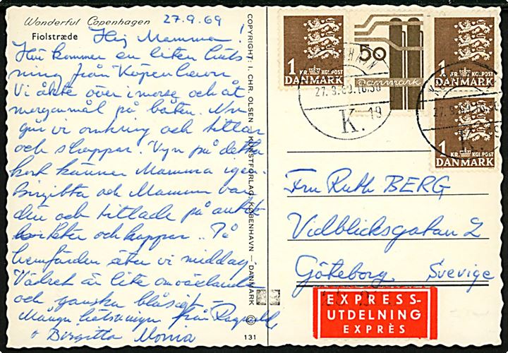 50 øre Danmarks Industri og 1 kr. Rigsvåben (3) på ekspres brevkort fra København d. 27.9.1969 til Göteborg, Sverige.