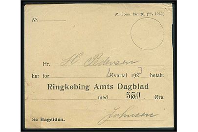 Avisregning på 5,50 kr. M.Form. Nr. 20 (28/2 1920) for Ringkøbing Amts Dagblad i 2. kvartal 1923.