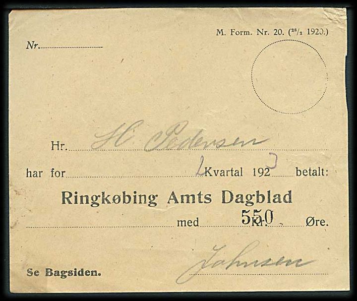 Avisregning på 5,50 kr. M.Form. Nr. 20 (28/2 1920) for Ringkøbing Amts Dagblad i 2. kvartal 1923.