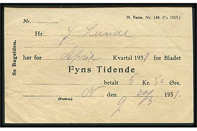 Avisregning på 5,50 kr. M.Form. Nr. 148 (1/5 1923) for Fyns Tidende i april kvartal 1931.