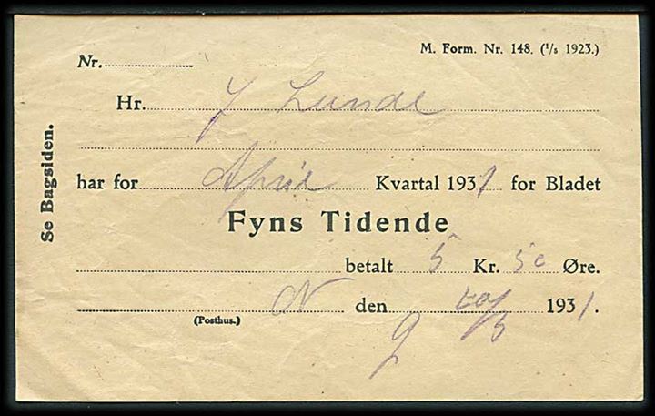 Avisregning på 5,50 kr. M.Form. Nr. 148 (1/5 1923) for Fyns Tidende i april kvartal 1931.
