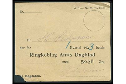 Avisregning på 5,50 kr. M.Form. Nr. 20 (28/2 1920) for Ringkøbing Amts Dagblad i 1. kvartal 1923.