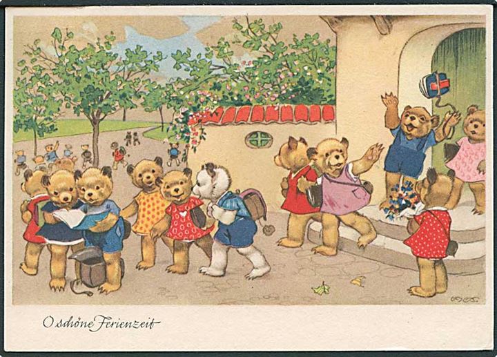 5 søde tyske tegnede kort med bamsebørn i skolen. År: 1956 & 1958. No. 5543-5547.