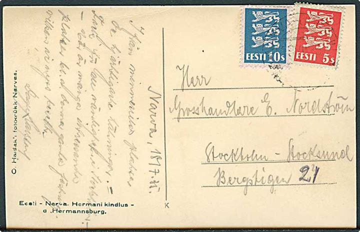 5 s. og 10 s. Løve på brevkort fra Narva-Joesuu d. 18.7.1935 til Stockholm, Sverige.
