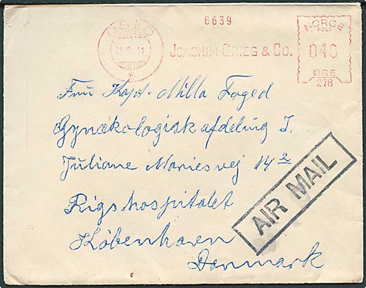 40 øre Firmafranko fra Joachim Grieg & Co i Oslo d. 21.9.1951 på luftpostbrev til København, Danmark. Fra sømand ombord på M/S Milla.