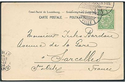 5 c. Våben på brevkort fra Luxembourg Ville d. 23.7.1908 til Frankrig.
