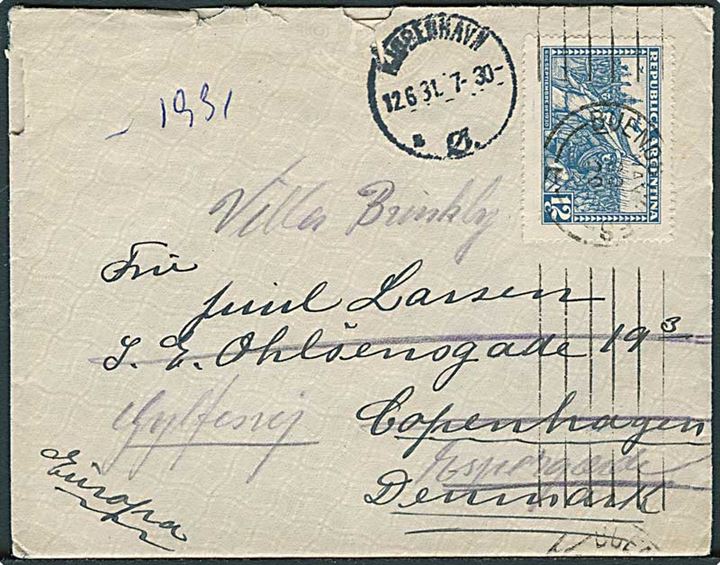 12 c. Revolutions udg. på brev fra Buenos Aires 1931 til København, Danmark - eftersendt til Espergærde. 
