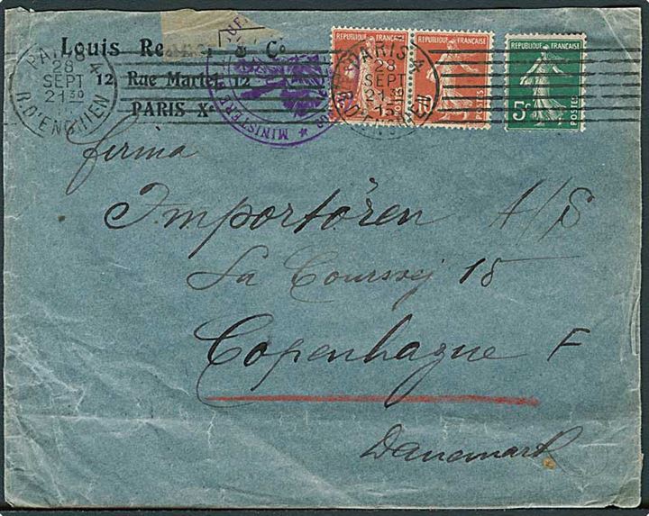 25 c. blandingsfrankeret brev fra Paris d. 28.9.1915 til København, Danmark. Åbnet af fransk censur.