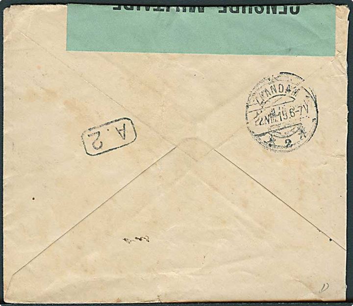Fransk 25 c. på brev annulleret med belgisk feltpoststempel d. 18.8.1915 til Zaandam, Holland. Belgisk militær censur.