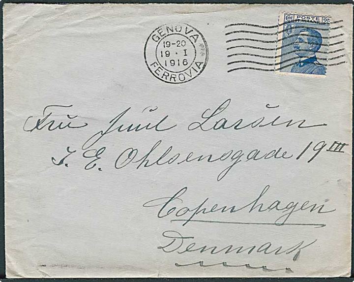 25 c. på brev fra Genova d. 19.1.1916 til København, Danmark. Indhold på fortrykt brevpapir fra sømand ombord på S/S Ivar