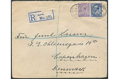 2½d og 3d George V på anbefalet brev fra Blyth d. 27.12.1923 til København, Danmark. Indeholder brev på fortrykt brevpapir fra S/S Svanhild dateret i Nordsøen d. 24.12.1923. 