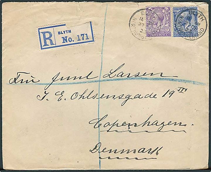 2½d og 3d George V på anbefalet brev fra Blyth d. 27.12.1923 til København, Danmark. Indeholder brev på fortrykt brevpapir fra S/S Svanhild dateret i Nordsøen d. 24.12.1923. 