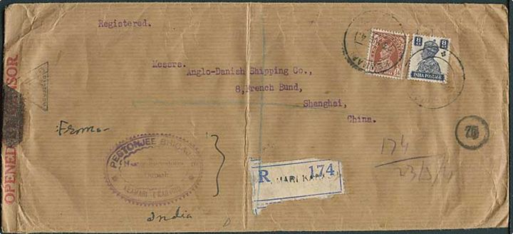 ½ Anna og 8 Annas George VI på anbefalet brev fra Keamari d. 23.8.1941 til det danske rederi Anglo-Danish Shipping Co. i Shanghai, Kina. Rederiet havde kun 1 skib S/S Johanne Justesen som blev sænket af en japansk ubåd i 1942 ved Ceylon. Indisk censur.