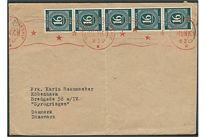 16 pfg. i 5-stribe på brev fra München d. 2.7.1947 til København, Danmark. Amerikansk efterkrigscensur i München d. 11.2.1947.