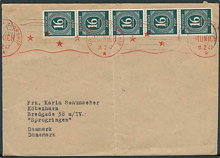 16 pfg. i 5-stribe på brev fra München d. 2.7.1947 til København, Danmark. Amerikansk efterkrigscensur i München d. 11.2.1947.
