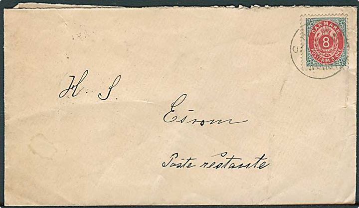 8 øre Tofarvet omv. ramme på brev fra Skive d. 16.6.18xx via Fredensborg til H.S. Poste Restante i Esrom. 