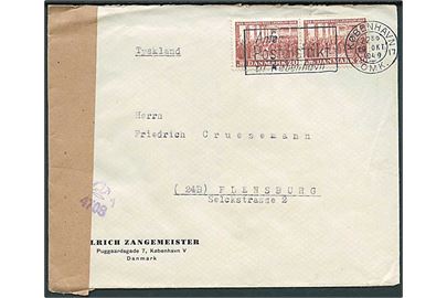 20 øre Grundloven i parstykke på brev fra København d. 29.10.1949 til Flensburg, Tyskland. Britisk censur.