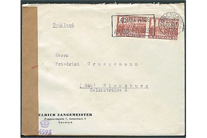 20 øre Grundloven i parstykke på brev fra København d. 20.11.1949 til Flensburg, Tyskland. Britisk censur.