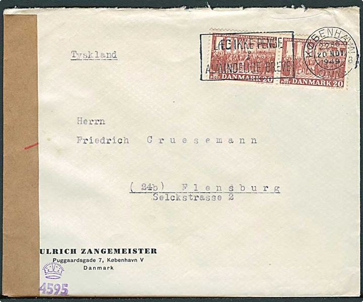20 øre Grundloven i parstykke på brev fra København d. 20.11.1949 til Flensburg, Tyskland. Britisk censur.