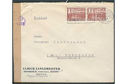 20 øre Grundloven i parstykke på brev fra København d. 24.8.1949 til Flensburg, Tyskland. Britisk censur.