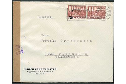 20 øre Grundloven i parstykke på brev fra København d. 24.11.1949 til Flensburg, Tyskland. Britisk censur.